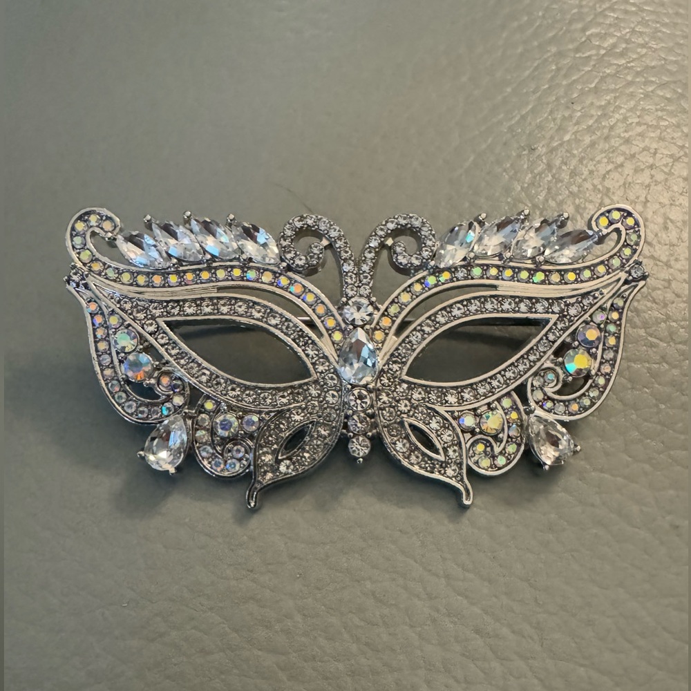 Masquerade Mask Iridescent Rhinestone Brooch, Lapel pin